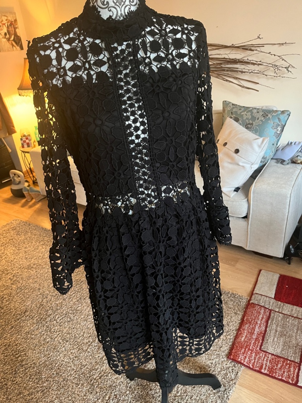 Black Floral Crochet Long-Sleeve Dress